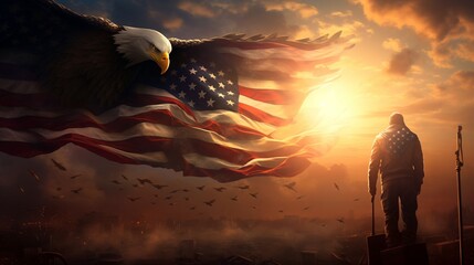 The essence of liberty captured in the iconic image of the American flag and the vigilant gaze of an eagle.