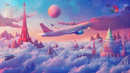 Travel concept illustration with plane, famous landmarks, and luggage. - obrazy, fototapety, plakaty