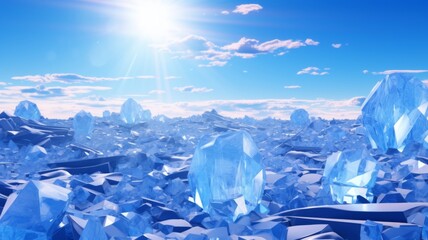 Obraz premium Crystal Expanse Under Sun - Vast field of gleaming blue crystals under a bright sun, symbolizing purity and clarity