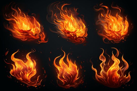 Fire burning flames set isolated on black background
