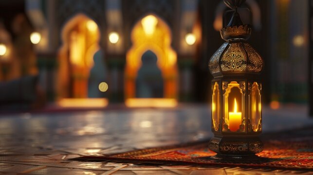 Free photo free photo ramadan kareem eid mubarak royal elegant lamp with mosque holy gate with fireworks