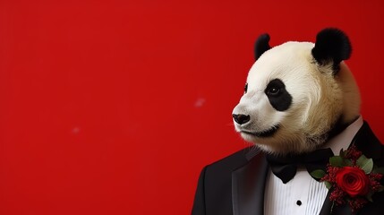 Panda in business suit pretending corporate work, studio shot on plain wall with copy space