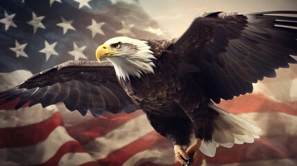 Fototapeta premium The national symbol of the USA. Eagle flying with USA flag in the background. Digital art.