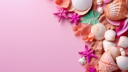 Fototapeta na wymiar Seashells and Sand Summer Theme - A serene summer composition of seashells, starfish, and sand, evoking the relaxing ambiance of a beach getaway