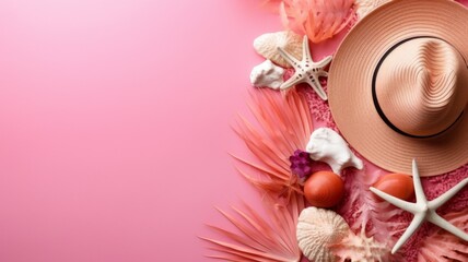 Tropical Beachwear and Seashells - Fashionable summer beachwear setup with a stylish hat and an assortment of seashells on a vibrant pink backdrop, perfect for beach-themed promotions