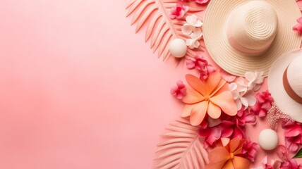 Summer Fashion and Floral Frame - A chic summer hat lies at the center of a floral frame on a pink background, creating a visually appealing image for fashion and lifestyle content