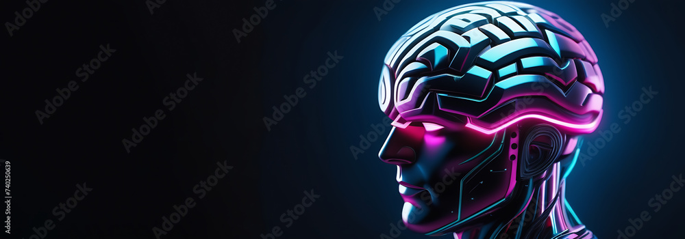 Poster Cyborg with AI digital brain. Humanoid robot, artificial intelligence, android. Banner