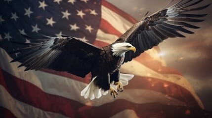 The national symbol of the USA. Eagle flying with USA flag in the background. Digital art. - obrazy, fototapety, plakaty