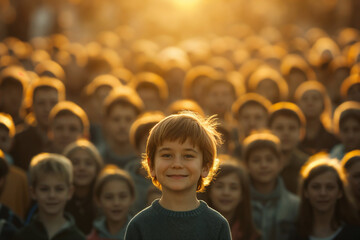 Cheerful Child Smiling in a Crowd at Sunset, Radiating Joy