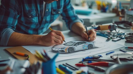 A man, using his hand and fingers, is making a gesture while drawing a car on a piece of paper, showcasing his artistic and engineering skills. AIG41 - obrazy, fototapety, plakaty