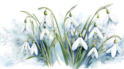 Watercolor illustration of snowdrops. First spring flowers concept