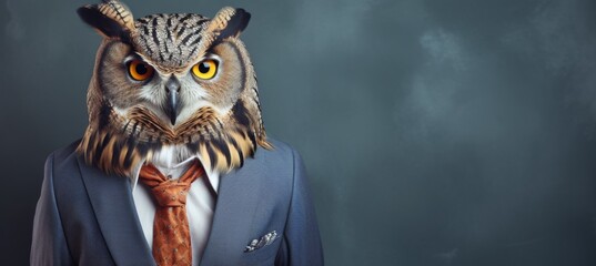 Anthropomorphic owl in business attire working in corporate studio setting with copy space.