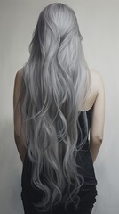 Rear view of a girl with flowing long gray hair, care and hair care concept