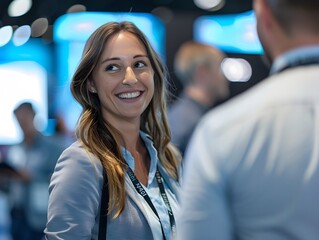Photo of a smiling woman at a technology showcase trade show. She is engaged in conversation with one of the exhibitors, who is demonstrating their new product