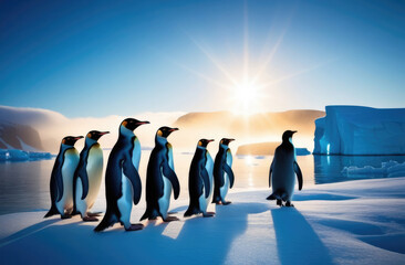 World Penguin Day, a flock of adult penguins on an ice floe, the kingdom of ice and snow, the far north, a snowy shore, an iceberg in the ocean, a frosty sunny day - obrazy, fototapety, plakaty