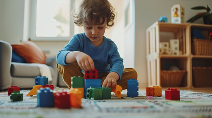 Young boy playing with bloks in his room - obrazy, fototapety, plakaty