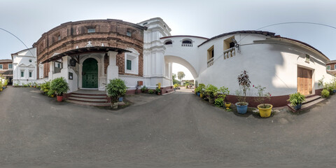 full hdri 360 panorama of portugese catholic church with arches in jungle among palm trees in...