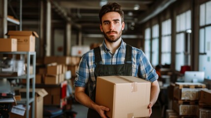 In the portrait, two young men dressed in working clothes are depicted, smiling and hugging each other. Around them, there are boxes and furniture indicating a move. The men's looks are filled with jo