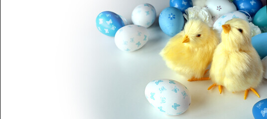 Colors eggs and yellow chicks on a white background. An Easter card with a copy of the place for the text.