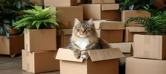 Moving to new home  donation concept with stack of cardboard boxes and cat sitting inside