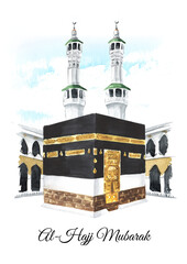 Kaaba and minarets of Grand Mosque in Mecca, islamic pilgrimage concept. Hand drawn watercolor illustration, isolated on white  background © dariaustiugova