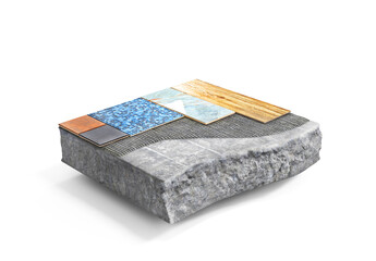 Tiles on the concrete piece. See floor layers. Isolated on a white background. 3d illustration