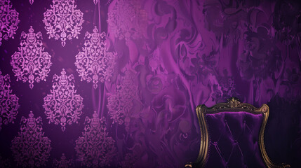 Stylish vintage chair against an ornate purple damask wallpaper