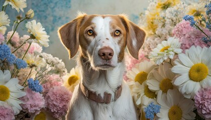 cute Harrier dog in the dreamy floral garden - obrazy, fototapety, plakaty