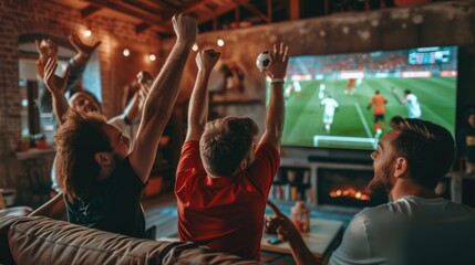 Naklejka premium A group of fans enjoying a soccer match on a couch, captivated by the television, football TV experiencing the fun and entertainment of the world favorite sport. AIG41
