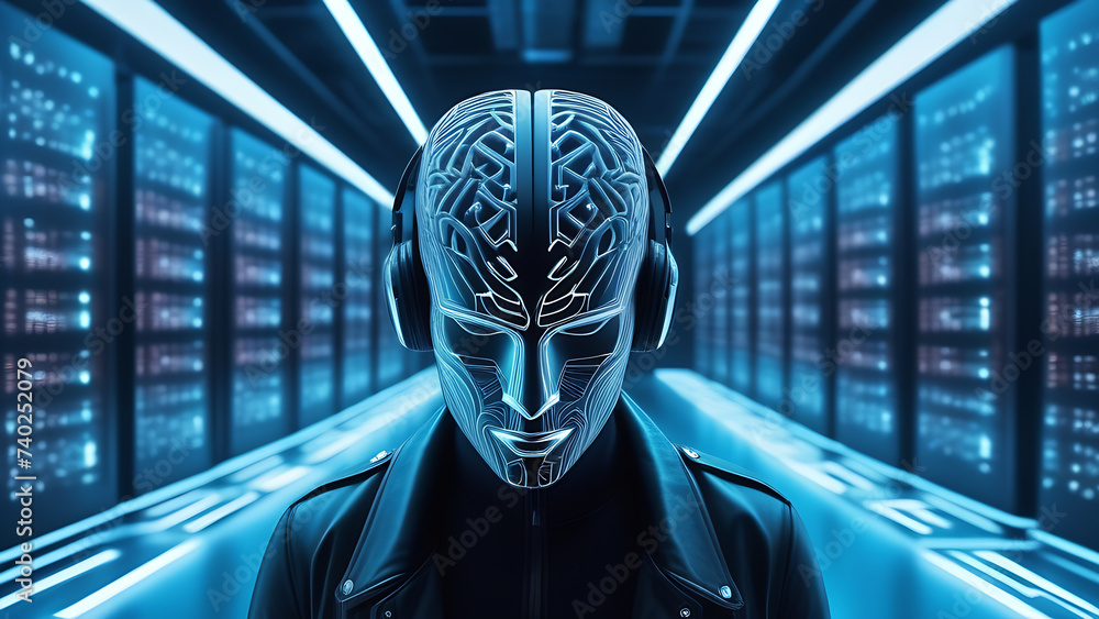Poster cyborg with ai brain. humanoid, artificial intelligence, android, data, information technology