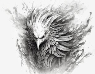black and gray front facing phoenix illustration