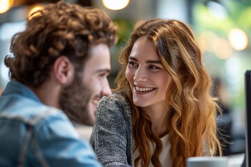 A tender moment shared between a woman with a warm smile and a man with a computer, their faces exuding joy and their clothing reflecting their unique personalities