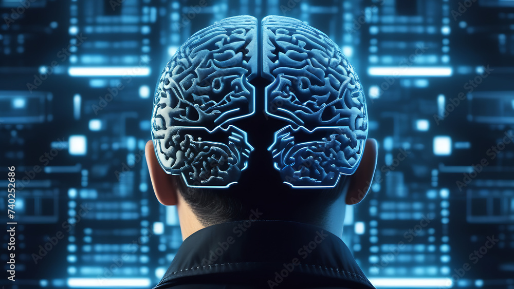 Poster cyborg with ai brain. bci, human engineering concept. machine learning, artificial intelligence