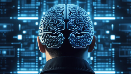 Cyborg with AI brain. BCI, human engineering concept. Machine learning, artificial intelligence