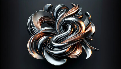 A complex, intertwined metallic structure with a silky sheen, featuring copper and silver colors, suggesting a luxurious and modern abstract art piece.Background concept.AI generated.