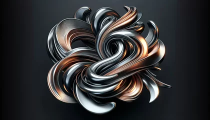 Fotobehang A complex, intertwined metallic structure with a silky sheen, featuring copper and silver colors, suggesting a luxurious and modern abstract art piece.Background concept.AI generated. © Czintos Ödön