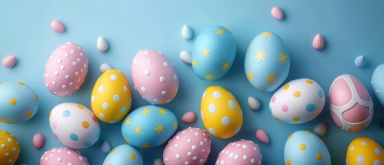 Fototapeta na wymiar White pink blue and yellow Easter eggs on isolated pastel blue background with copy space