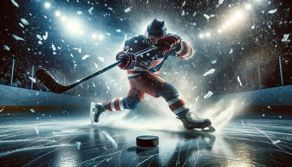  An intense moment in an ice hockey game captured with a player in motion, creating a dynamic spray of ice, under bright arena lights.Sport concept.AI generated.