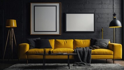 Blank frame mockup in dark interior room with bright yellow furniture