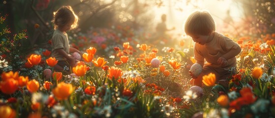 Happy children hunting for hidden Easter eggs in a garden
