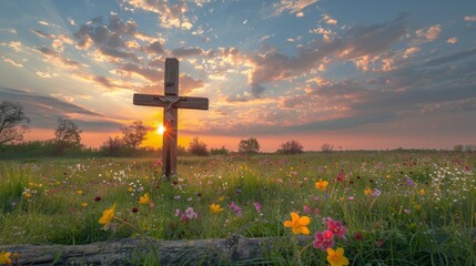 Sun rising behind a wooden cross adorned with fresh spring flowers. Easter morning.