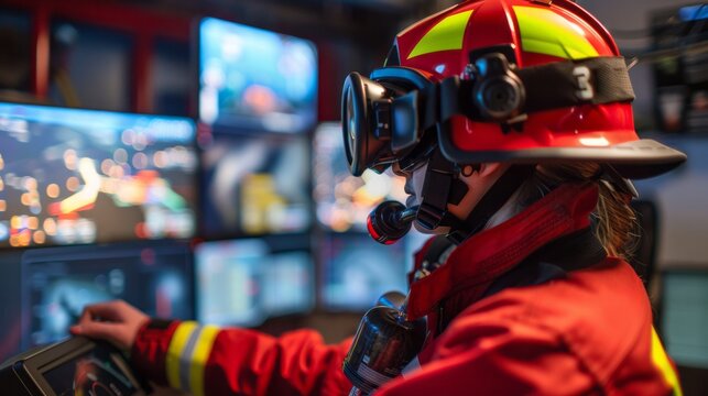 Firefighter training in virtual reality, simulating various emergency scenarios to hone their skills and decision making abilities
