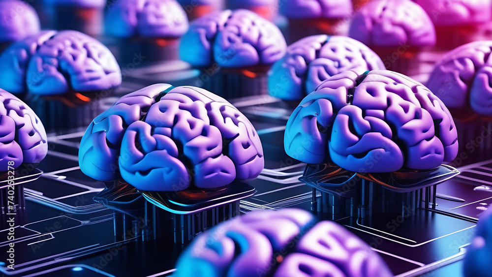 Aufkleber Growing, developing artificial brains with chips. BCI implants concept. AI development