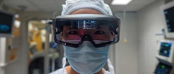 Surgeon using augmented reality glasses during a procedure, with vital patient data and medical imaging overlaid onto their field of view