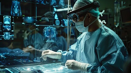 Surgeon using augmented reality glasses during a procedure, with vital patient data and medical imaging overlaid onto their field of view