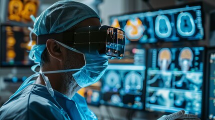 Surgeon using augmented reality glasses during a procedure, with vital patient data and medical imaging overlaid onto their field of view