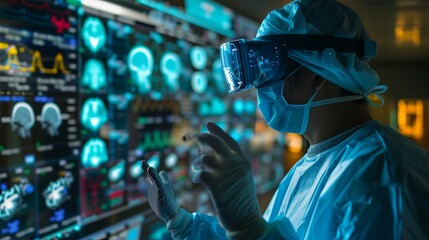 Surgeon using augmented reality glasses during a procedure, with vital patient data and medical imaging overlaid onto their field of view