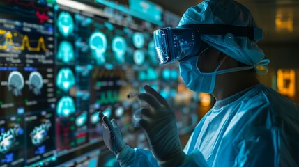 Surgeon using augmented reality glasses during a procedure, with vital patient data and medical imaging overlaid onto their field of view