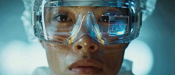 Surgeon using augmented reality glasses during a procedure, with vital patient data and medical imaging overlaid onto their field of view