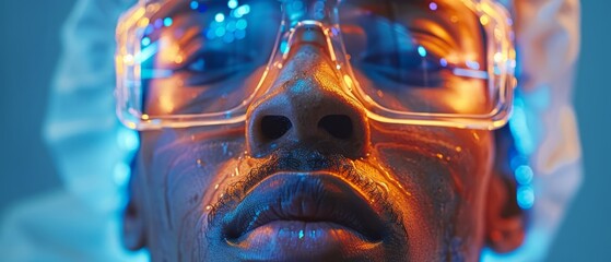 Surgeon using augmented reality glasses during a procedure, with vital patient data and medical imaging overlaid onto their field of view